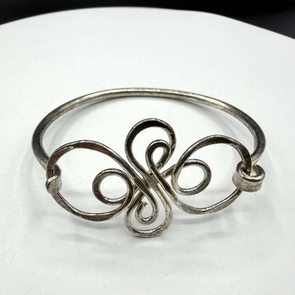 Silver Tone Scrollwork Bangle Bracelet Ornate Wirework Swirl Boho Statement Gift